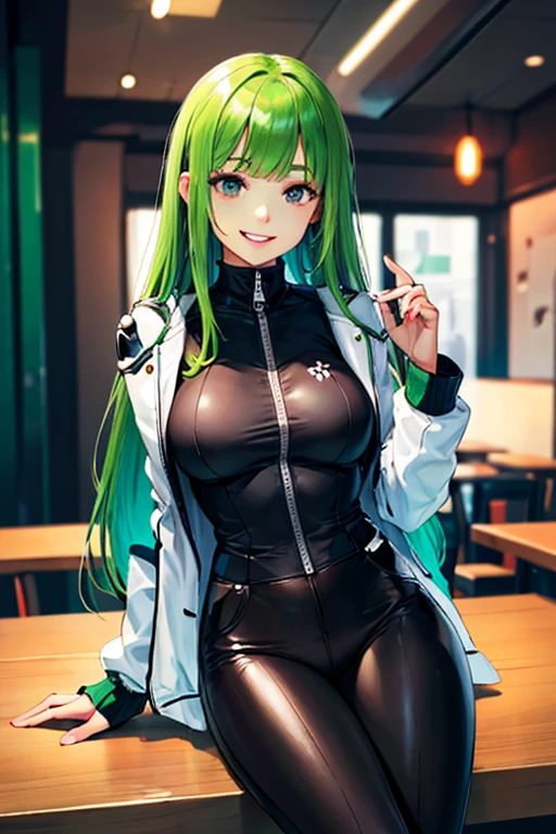 ((masterpiece)), (((best quality))), chromatic lighting,
colorized, green + white limited color palette, 
detailed concept drawing,
Shibuya street girl, cyberpunk, futuristic,
portrait, 20yo 1girl, medium soft breasts, slender, jacket, combat-pants,, long green hair, black eyes, sitting in dining room , Happy smiling
