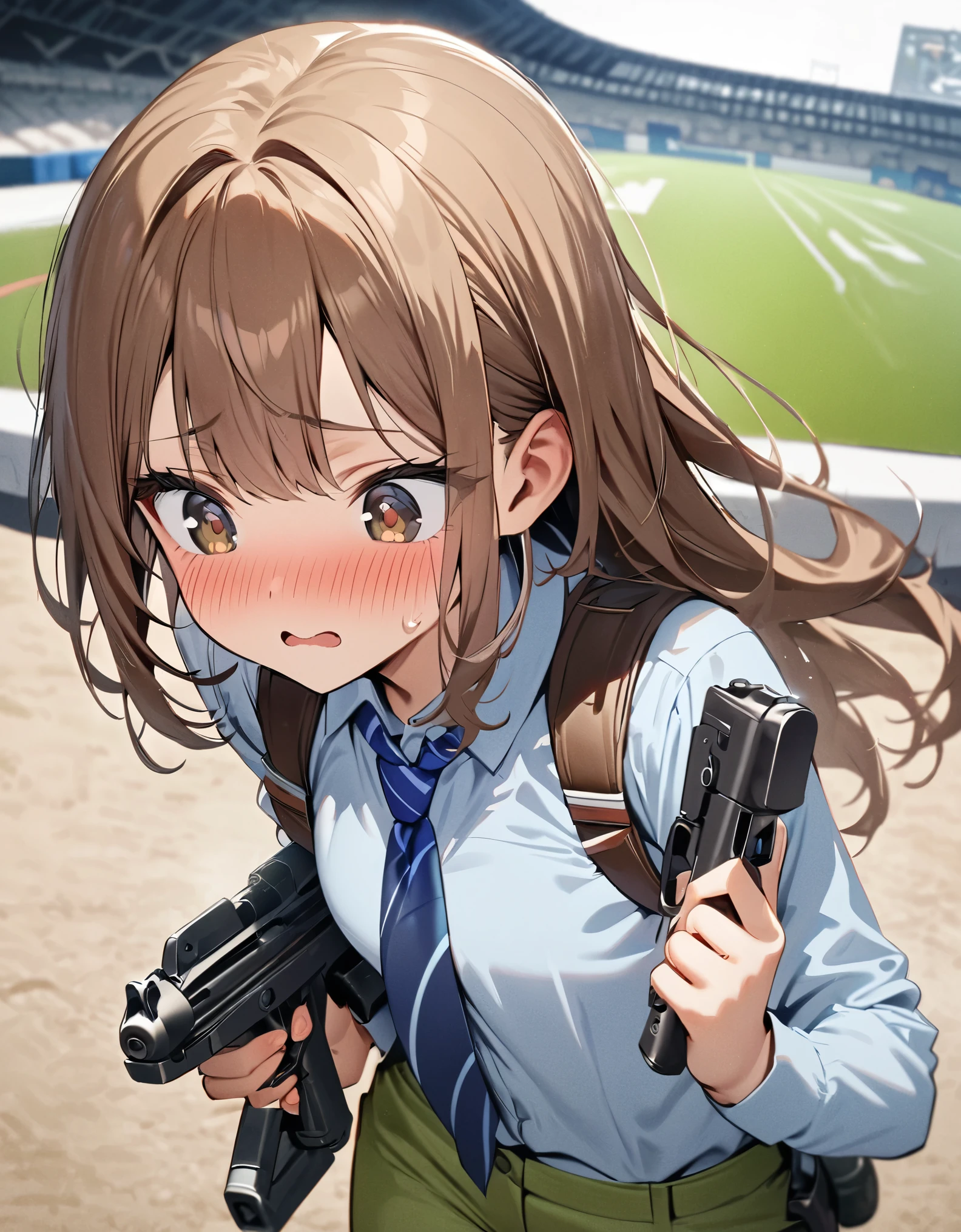 masterpiece, best quality, highres, 1girl, solo, solo focus, dark brown hair, long hair, hazel brown eyes, beautiful detailed eyes, beautiful detailed face, cute face, perfect hands, complete fingers, light blue shirt, long sleeves, shoulder holster, blue striped necktie, green pants, black shoes. blush, shy, klutzy, small sweat-drop on head. tokyo stadium backdrop, outdoors. holding weapon, holding gun, holding blaster rifle with two hands, trigger discipline. running from green laser gunfire.