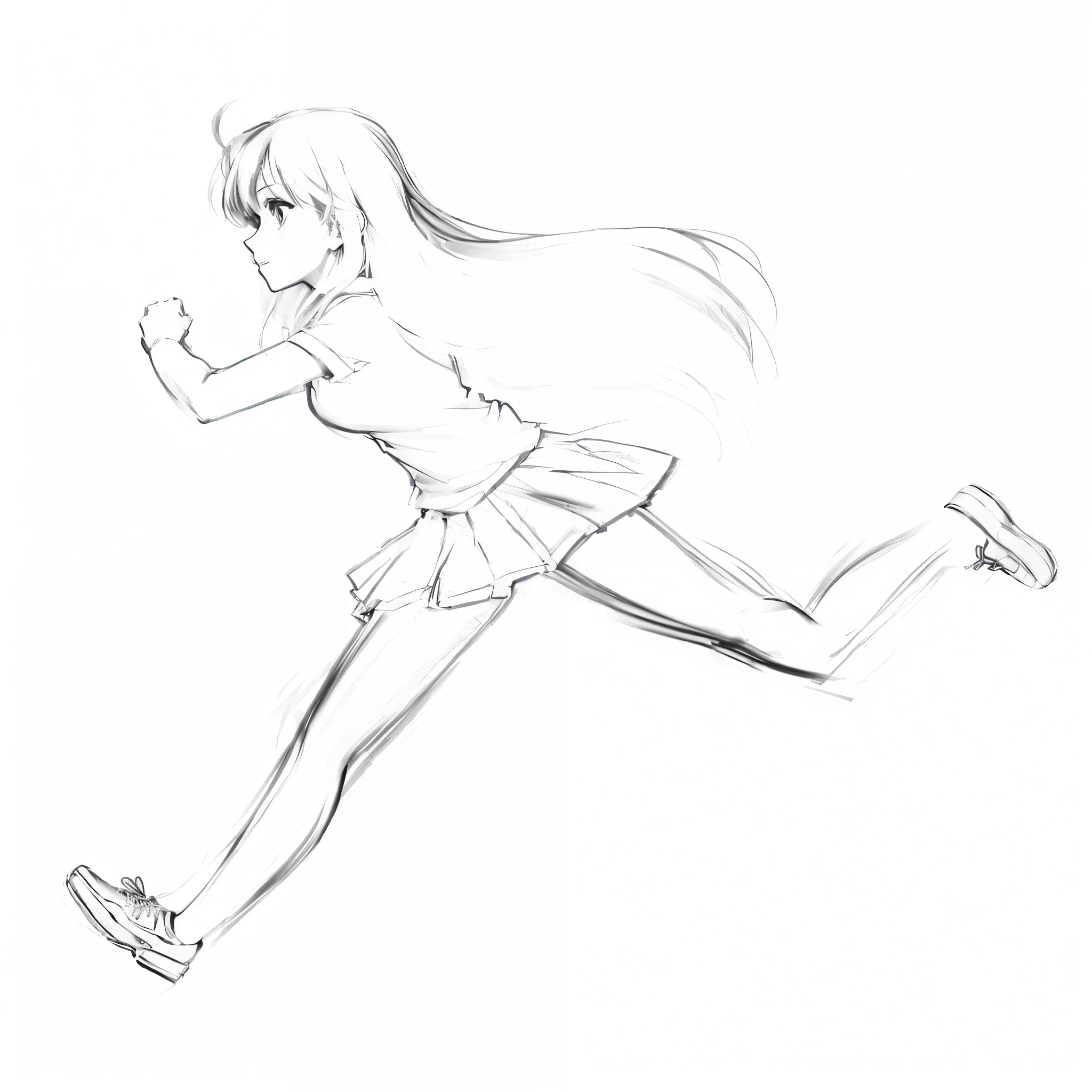 a drawing of a The girl runs with a tennis racket, the anime The girl runs, running pose, The girl runs, The girl runs, clean anime outlines, running free, anime pose, quickly run to the camera, anime sketch, how to draw anime, flat fill in anime style, Drawn as a Speed Racer anime, Anime drawing, Anime-style drawing, long hair, sneakers, mother, skirt.
