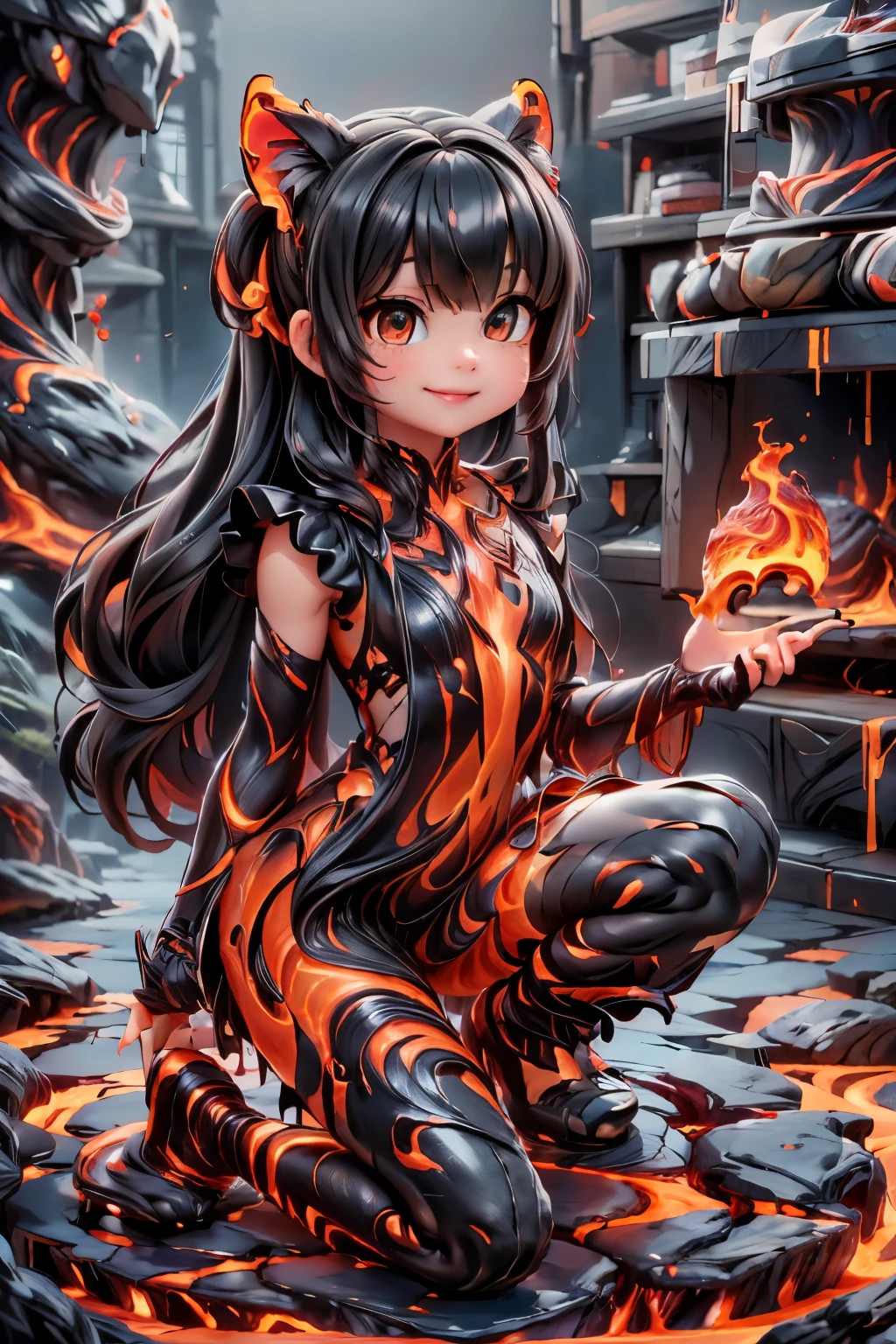 a girl smiling (magic lava clothes), clothes made entirely of lava, (magic lava dress), (magic lava mary_janes), (heels made entirely of lava), lava hair, hair made of lava, crouching, (((sfw)))