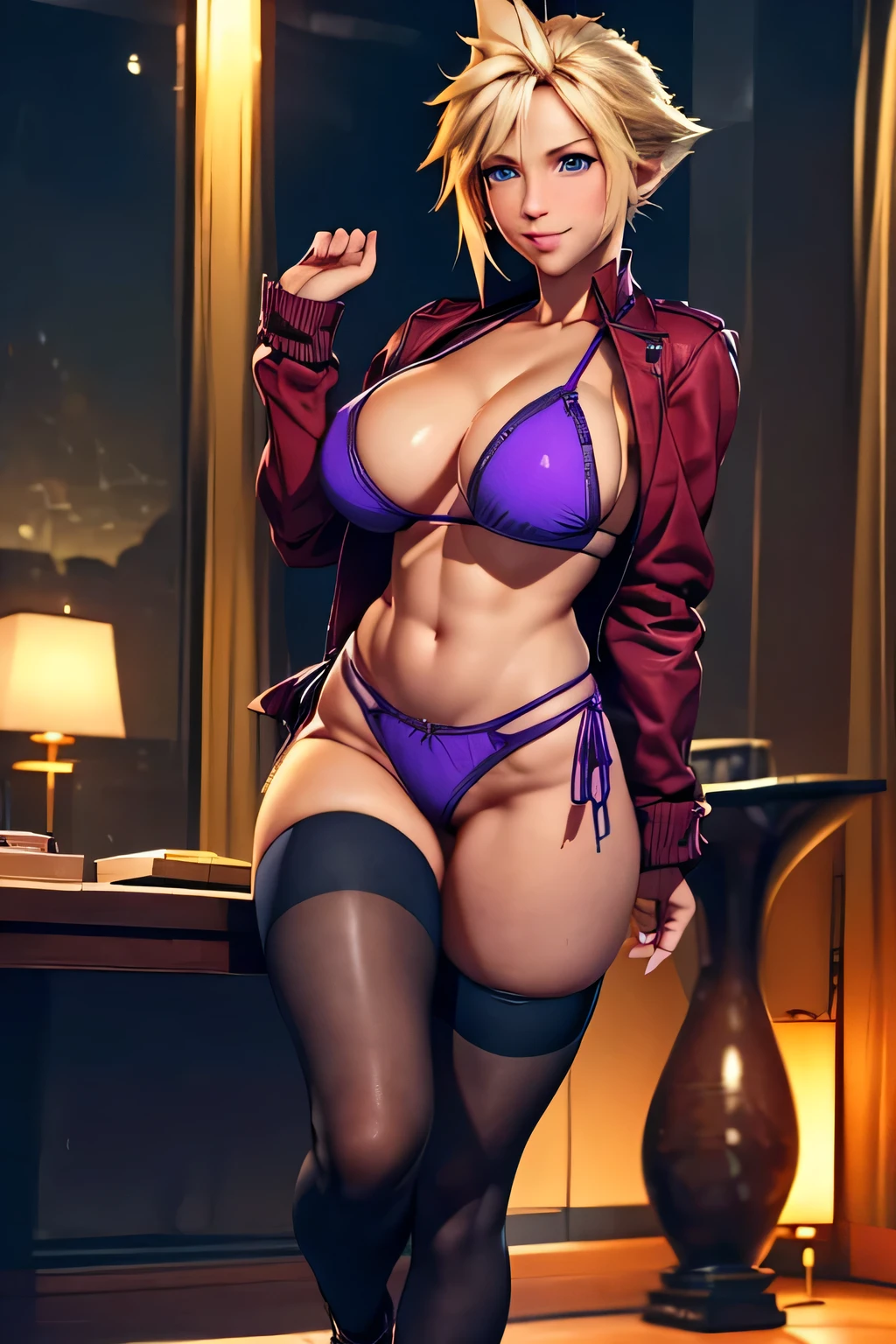 (high quelity), (realistic 1.5), Female Cloud Strife, JK, purple bikini, thight stockings, high heels, mischievous smile, light blush, looking at viewer, huge breasts, precise hands, sexy pose, detailed background