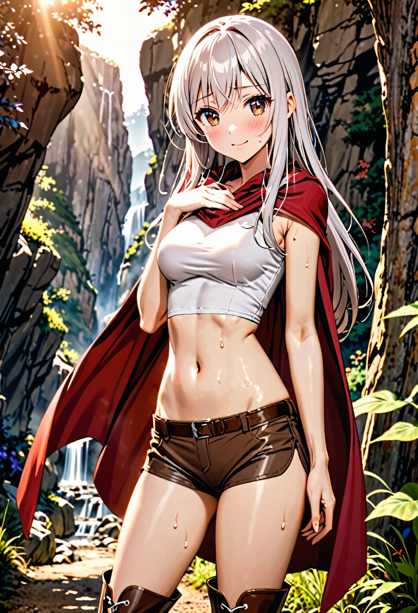 1 female,The perfect 25 years old,((ideal ratio body proportions:1.6,small head:1.7)),(tan skin),((high quality anime, 8k,masterpiece,Perfect Anatomy)),nsfw,(beautiful detailed face and eyes,gorgeous eye:1.3,Almond Eyes), BREAK ,brown eyes, BREAK ,female knight、(silver hair),Straight long hair,bangs,shy,blush,Heavy breathing、 BREAK ,cowboy shot,medium breasts,slender body,skinny,wet, BREAK ,Red cloak、A cropped sleeveless top in a rustic ecru color、Crop length、navel, Brown leather micro shorts、Brown leather long boots、kneeling、Climbing、 BREAK ,Fantasy World、Steep mountain roads、heavy rain、rain、