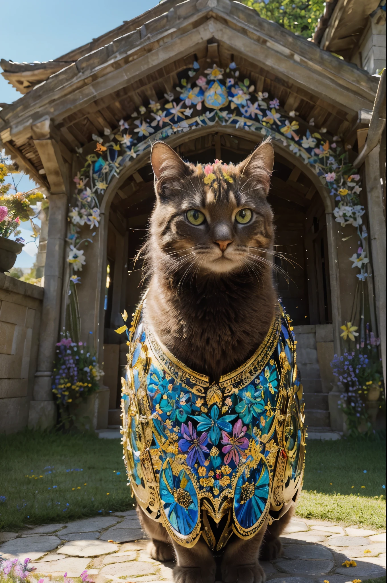 best quality,4k,8k,highres,masterpiece:1.2),ultra-detailed,(realistic,photorealistic,photo-realistic:1.37),acrylic painting,a beautiful cat wearing a beautiful shiny armor of an emperor,surrounded by colorful flowers and butterflies,in a picturesque setting with a winding path leading to a magnificent castle,creating an ethereal and captivating artistic masterpiece.