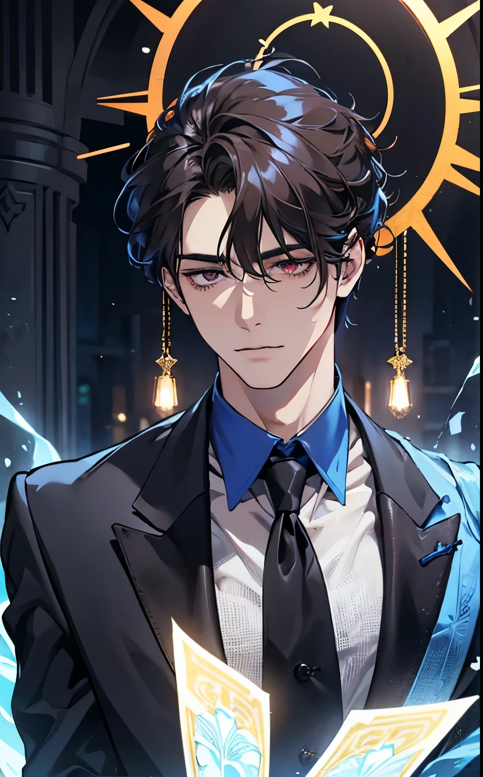 (best quality,4k,highres:1.2),ultra-detailed,realistic:1.37,aureole of vibrant blue light,beautiful detailed eyes,long dark brown hair with vibrant red eyes,perfect goatee,fit and perfect body shape,wearing black formal pants and a red dress shirt with a black formal vest and a black tie,a serious expression with a formal smile,standing a kind of halo is embedded in his head like shards of blue glass, brittle as if they formed a broken crown stuck in the side of his head 