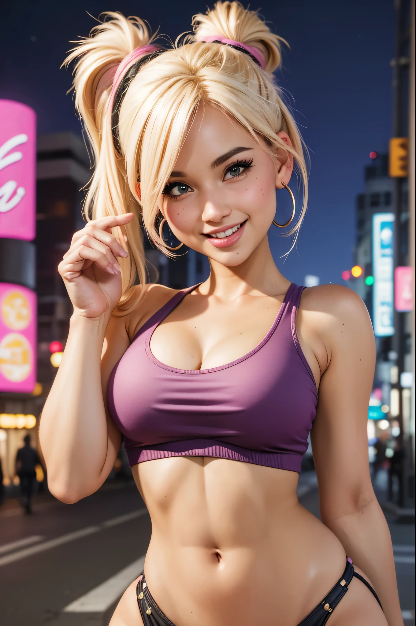 (best quality,4k,highres,ultra-detailed,realistic:1.2), a 22 year old girl, blushing smile, ,short blond  hair with a pigtail and bangs,  flat abs, fitted white tank top, earrings , necklace out in the street at night, neon lights and advertising, close-up portrait, underboob, huge breasts, choker