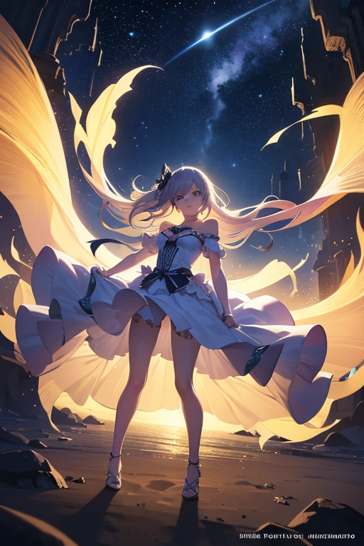 (Obra maestra:1.2), Mejor calidad, (illustration:1.2), (ultra detallado), hiper detalles, (delicado detallado), (detalles intrincados), (cinematic light, Mejor calidad Backlights), Delete line, desde abajo, solista, Cuerpo perfecto, (1 chica), “The girl dances with enchanting elegance to the gentle breeze of the air, amidst a stunning natural scene painted in black light style. Her graceful steps glide on the sand of the beach, and her dreams rise lightly in a sky full of twinkling stars. Darkness and light play with her graceful body, creating a magical effect that attracts the eye and captivates the heart. Her long hair swings and her eyes sparkle like jewels in the moonlight, adding a touch of magic and beauty to the stunning landscape, full body, high quality, high detail, high resolution, backlit., (constituir), alto contraste, (mejor iluminacion, un extremadamente creado y hermoso), (cinematic light), vistoso,