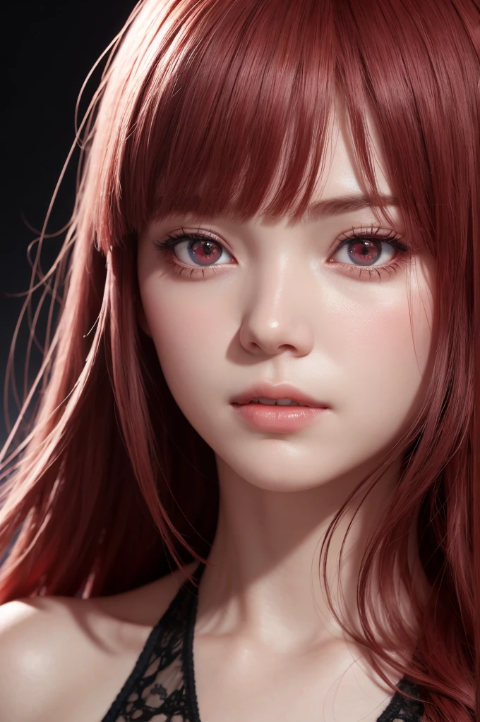 1girl, star eye, blush, perfect illumination, red hair, red eyes, unreal engine, sidelighting, detailed face, bangs, bright skin, simple background, dark background,