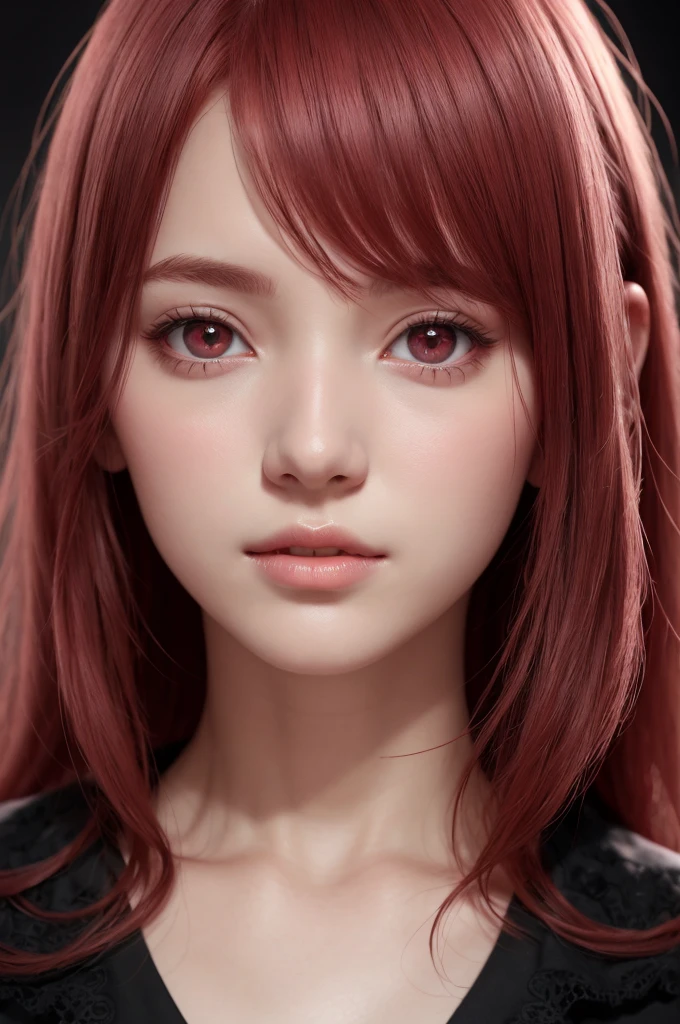 1girl, star eye, blush, perfect illumination, red hair, red eyes, unreal engine, sidelighting, detailed face, bangs, bright skin, simple background, dark background, 