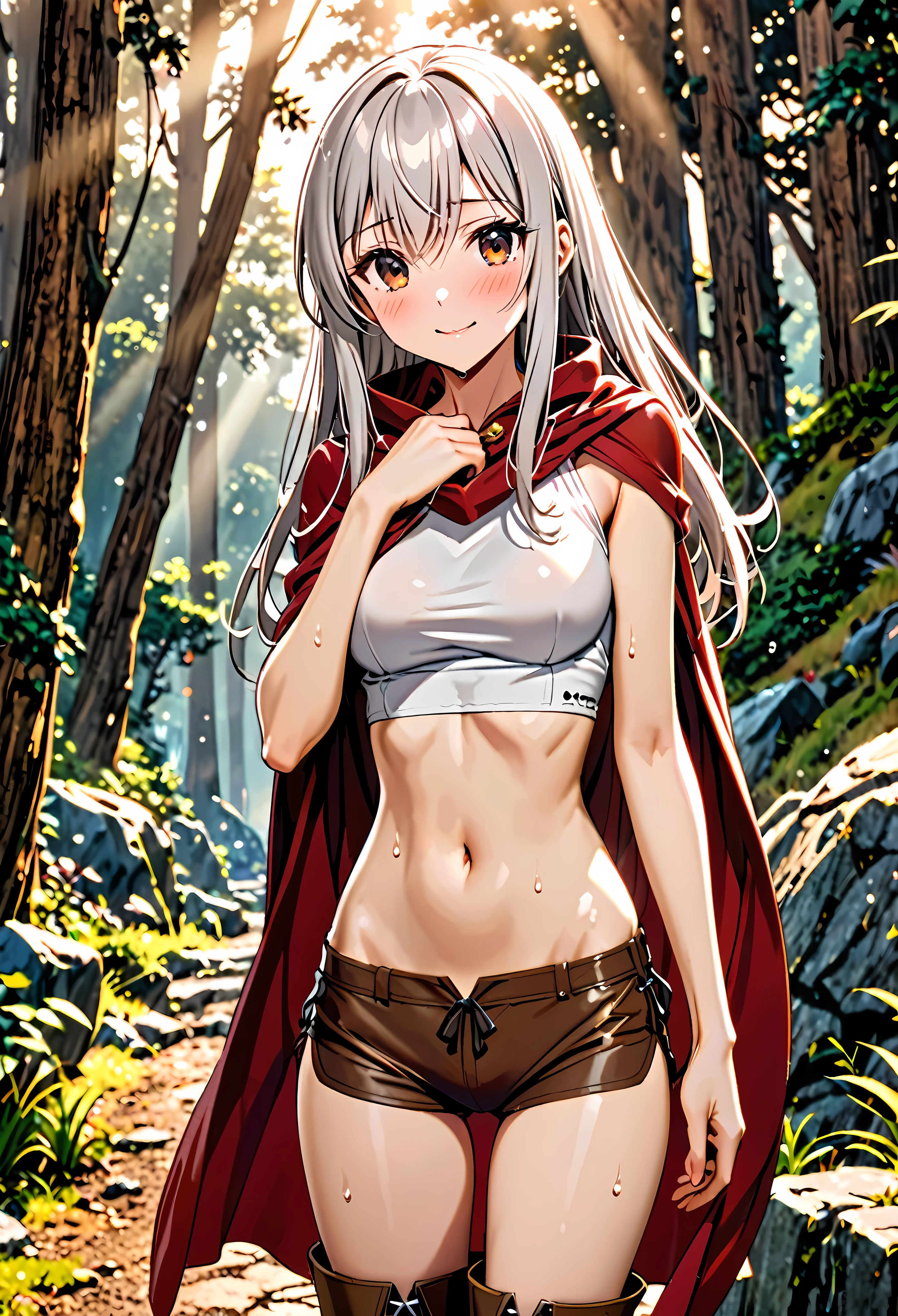 1 female,The perfect 25 years old,((ideal ratio body proportions:1.5,small head:1.7)),(tan skin),((high quality anime, 8k,masterpiece,Perfect Anatomy)),(beautiful detailed face and eyes,gorgeous eye:1.3,Almond Eyes), BREAK ,brown eyes, BREAK ,female knight、(silver hair),Straight long hair,bangs,shy,blush, BREAK ,cowboy shot,medium breasts,slender body,skinny, BREAK ,Red cloak、A simple ecru T-shirt、Long sleeve、navel, Brown leather micro shorts、Brown leather long boots、Sword、 BREAK ,A world of swords and magic、Mountain trail、sunlight、
