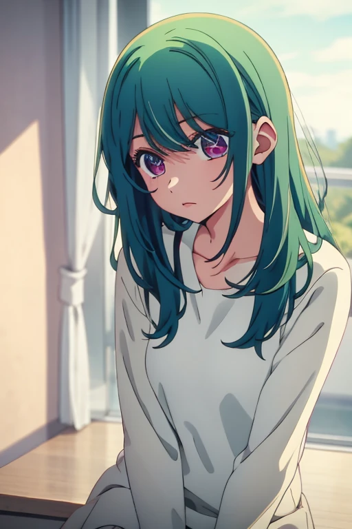  girl with short wavy pastel green hair, big red eyes, full lips, soft skin, hard gaze, with a hero aura.