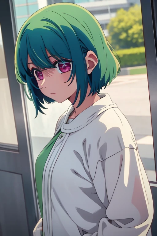 girl with short wavy pastel green hair, big red eyes, full lips, soft skin, hard gaze, with a hero aura.