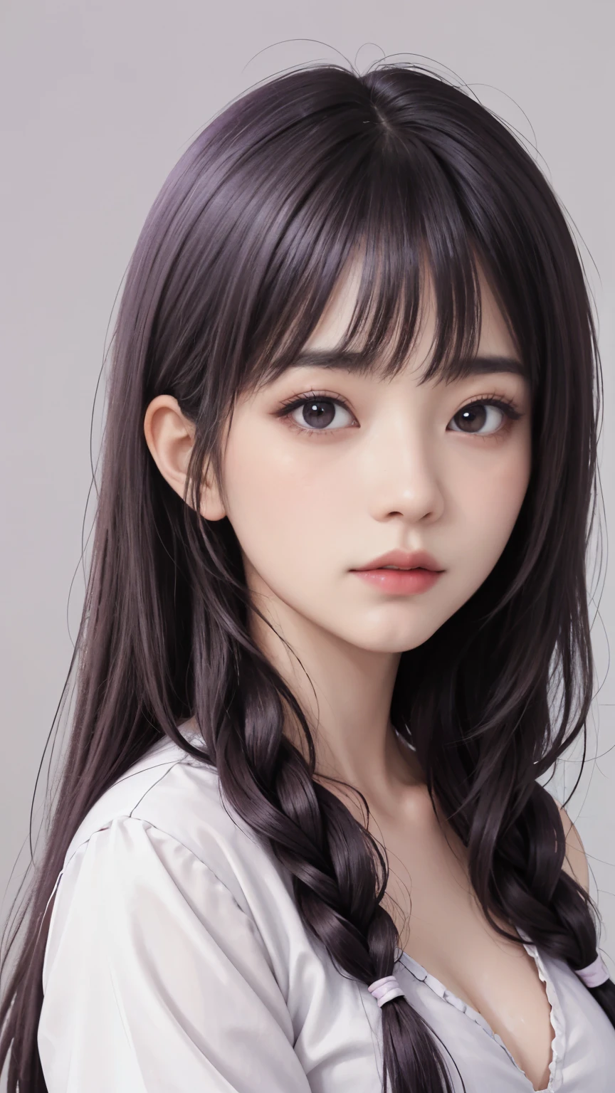 background(Black Night Sky,Big Moon),Woman close up,Wearing a white shirt、Purple Hair,Very long hair,very thick braids,Purple eyes,big , realistic girl rendering, 8k artistic german bokeh, Enchanting girl, Realistic girl, Gurwitz, Gurwitz-style artwork, Girl Roleplay, Realistic 3D style, cgstation Popular Topics,, 8K Portrait Rendering,(Faithfulness,Faithfulness:1.4),Wear pink pajamas,巨big ,Sparkling eyes,Purple eyes
