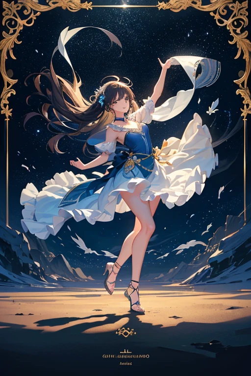 (Obra maestra:1.2), Mejor calidad, (illustration:1.2), (ultra detallado), hiper detalles, (delicado detallado), (detalles intrincados), (cinematic light, Mejor calidad Backlights), Delete line, desde abajo, solista, Cuerpo perfecto, (1 chica), “The girl dances with enchanting elegance to the gentle breeze of the air, amidst a stunning natural scene painted in black light style. Her graceful steps glide on the sand of the beach, and her dreams rise lightly in a sky full of twinkling stars. Darkness and light play with her graceful body, creating a magical effect that attracts the eye and captivates the heart. Her long hair swings and her eyes sparkle like jewels in the moonlight, adding a touch of magic and beauty to the stunning landscape, full body, high quality, high detail, high resolution, backlit., (constituir), alto contraste, (mejor iluminacion, un extremadamente creado y hermoso), (cinematic light), vistoso,