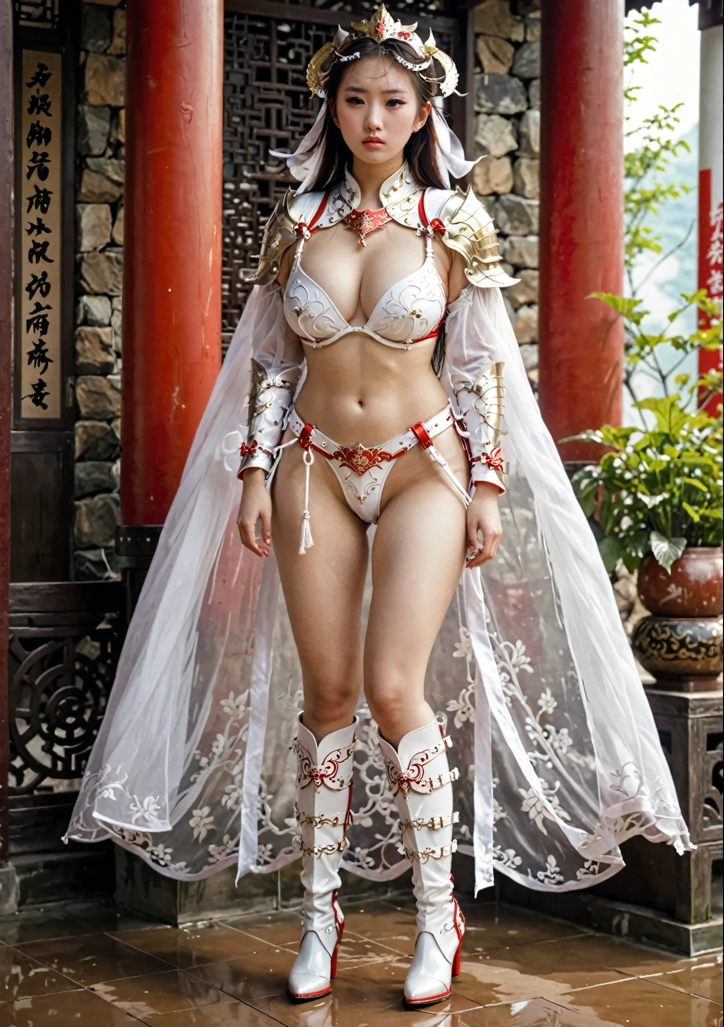 chinese princess, Full body red and white armor, sad face, Big tits girl, 超大號Big girl, Sexy red white bikini armor, long legged girl, Put on red and white boots