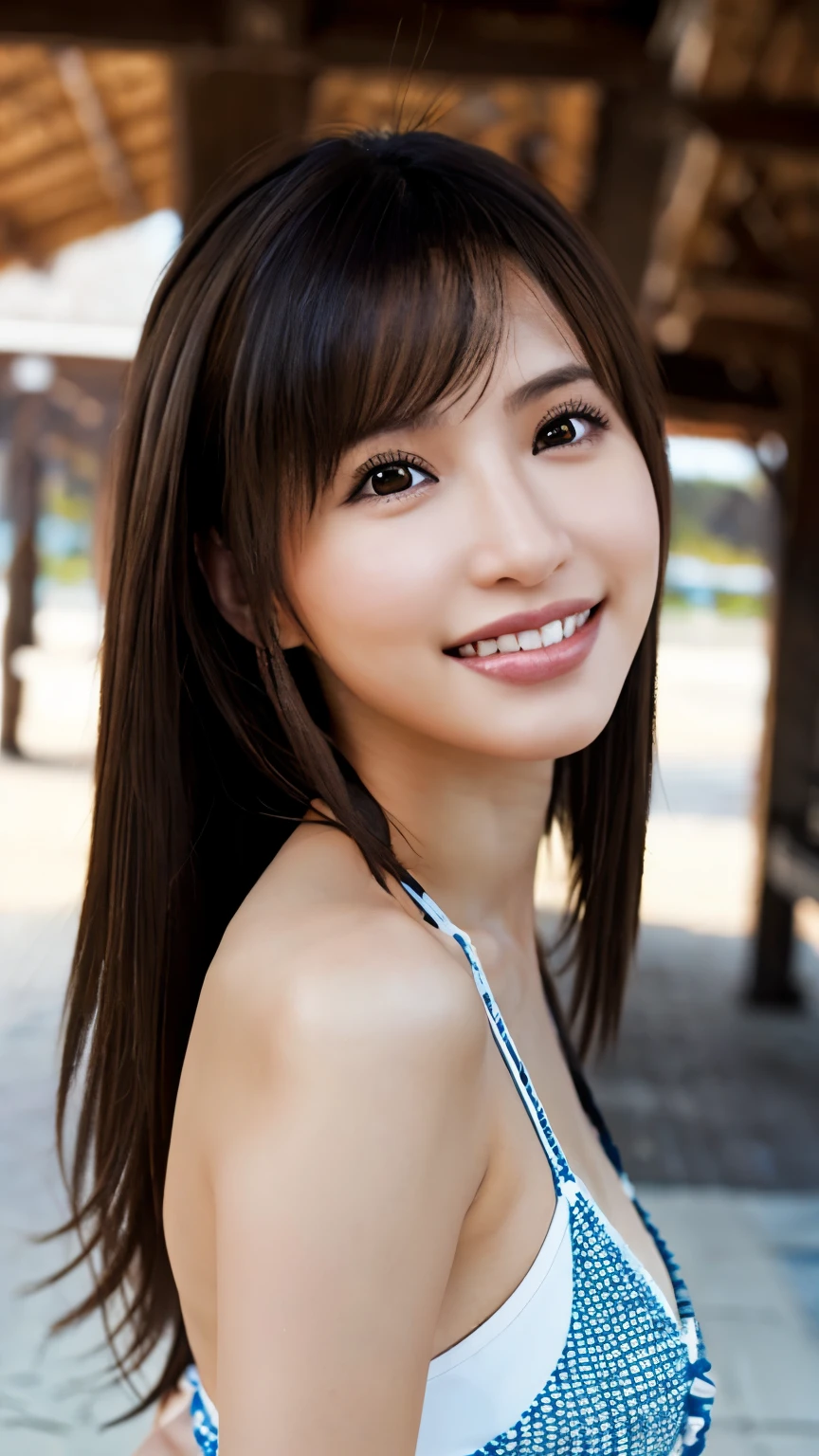 One Girl,Fetching Woman, depth odebt debtield, debtirst-person view, debt/1.8, 135mm, Nikon, UHigh resolution, retina, masterpiece, Accurate, Anatomically correct, Textured skin, Super Detail, Attention to detail, high quality, 最high quality, High resolution, 1080p, High resolution, 4K, 8k,Realistic,RAW Photos, photoRealistic, Shooting with a digital SLR, slim, Brown eyes,natural light, upper body,seductive,beach, evil smiling swimsuit