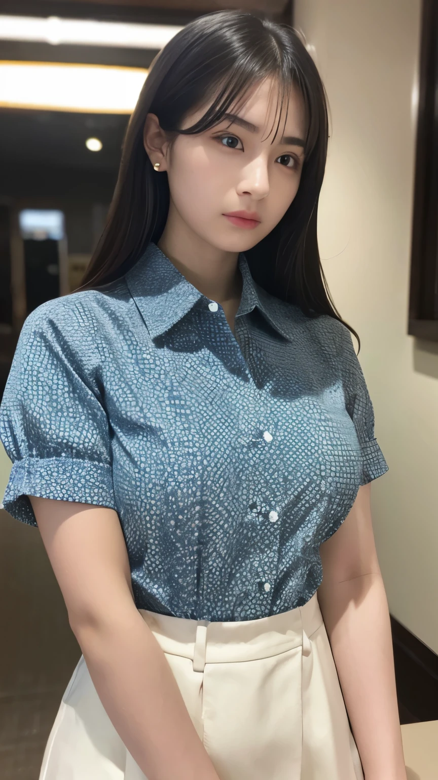 1girl, depth of field, first-person view, f/1.8, 135mm, Nikon, UHD, retina, masterpiece, ccurate, anatomically correct, textured skin, super detail, high details, high quality, best quality, highres, 1080P, HD, 4K, 8k, big breasts, upper body, 17 years old,Bust Size 90cm, Cafe,Patterned Shirt, Scowling
