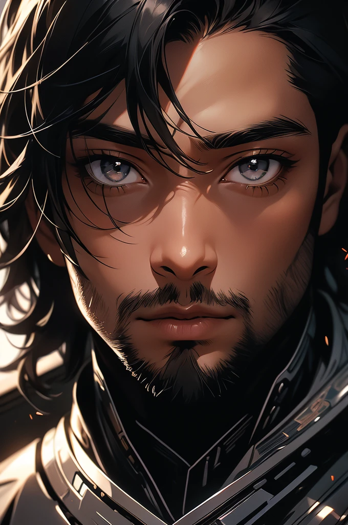 (masterpiece, ultra detailed image, 32k, 8k) black man, short black hair, knight, gray eyes, confident expression, (staring at viewer, image focused on face)