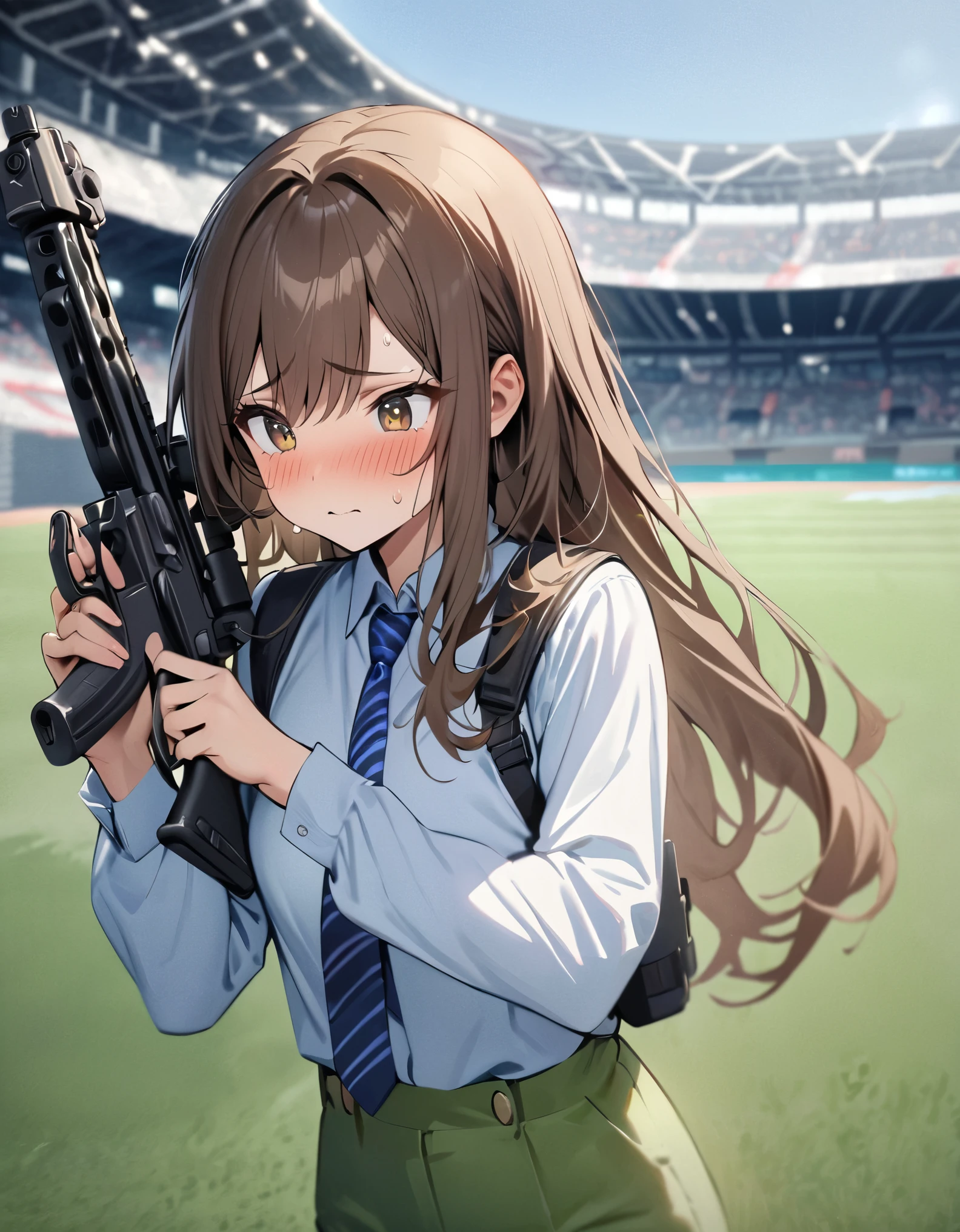 masterpiece, best quality, highres, 1girl, solo, solo focus, dark brown hair, long hair, hazel brown eyes, beautiful detailed eyes, beautiful detailed face, cute face, perfect hands, complete fingers, light blue shirt, long sleeves, shoulder holster, blue striped necktie, green pants, black shoes. blush, shy, klutzy, small sweat-drop on head. tokyo stadium backdrop, outdoors. holding an e11blstr rifle, trigger discipline. dodging green laser gunfire.