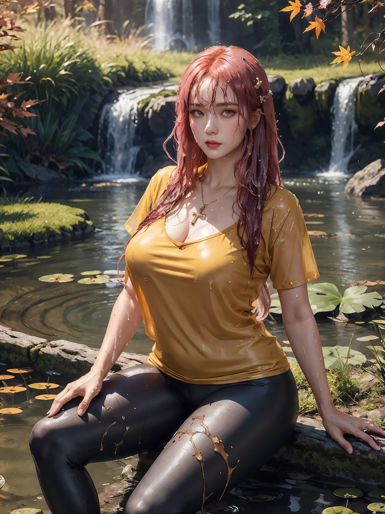 1girl, sitting, forest, (wet hair, see-through wet clothes:1.2), wide short sleeve, giant cross pendant, (legging:1.2), one hand up, gold-trimmed sleeve, looking at viewer, pond, swamp, water surface, autumn weather, water stream, little waterfall, sitting on trunk, peaceful, dreamy lighting, water ripple, ultra detailed, beautiful and aesthetic, masterpiece, best quality, elegant, vivid colors, (realistic:1.3), (orange hair:pink hair:1.2), multicolored hair, gradient hair, voluminous hair, yellow eyes, maple antlers, hair ribbon, orange dress, sharp focus, gigantic breasts, (thick thighs:0.9), (obese body:0.8), (fat thighs:0.6), (wide hips:0.8),