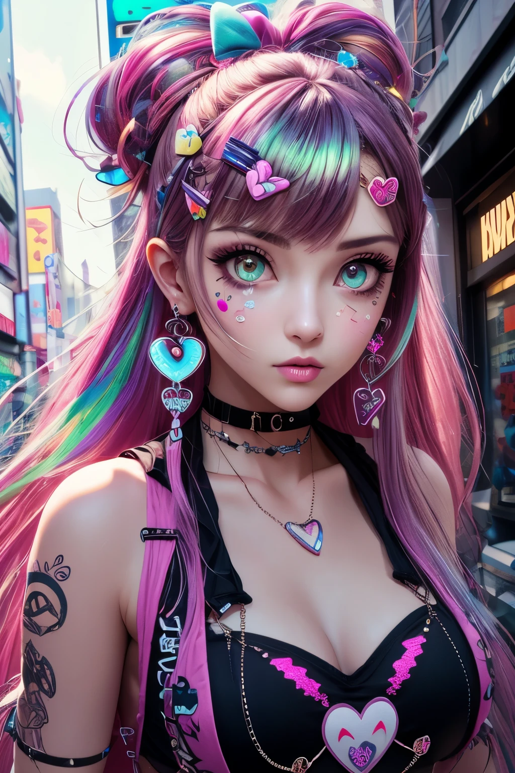 This is a Harajuku street-style masterpiece with extreme detail. Generate a trendy ((decora)) cyberpunk woman (standing) in the colorful and chaotic streets of Akihabara, Tokyo in the style of decora street style. The woman's decora and Harajuku street clothes are vibrant, with a mix of textures, neon colors, and inventive layering. Include oversized accessories like cute heart stickers on the woman's face, colorful hair clips and ribbons in different colors and sizes, and dynamic jewelry. (Her eyes are important) and should be symmetrical and detailed with interesting coloring and patterns. Include (iridescence) and (shimmer), glittering light, glowing neon signs, LED lights, (ultra detailed), dynamic composition