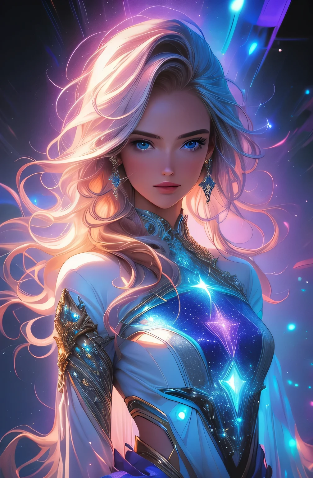 (best quality,4k,8k,highres,masterpiece:1.2),ultra-detailed,(realistic,photorealistic,photo-realistic:1.37),gorgeous sexy ,naked breathtaking woman floating gracefully through the vastness of space (without spacesuit),radiating sensuality,blonde hair flowing weightlessly in the cosmic void,flawless and flawless skin shimmering with an otherworldly glow,deep blue eyes filled with mystery and allure,floating gracefully with her arms outstretched,showcasing her slender figure,curves accentuated by the absence of gravity,dancing amidst the stars,highlighting her elegance and poise with every movement,having a serene expression,conveying confidence and self-assurance,background filled with countless stars in vibrant hues of blue and purple,creating a dreamlike cosmic backdrop,vivid colors merging seamlessly with the darkness of space,illuminated by the distant glow of galaxies in the distance,subtle hints of celestial dust creating an ethereal atmosphere,shades of magenta and indigo painting the universe,emulating a mystical and enchanting aura,the woman bathed in the soft glow of starlight,casting a gentle radiance on her flawless form,subtle highlights and shadows emphasizing the natural contours of her naked body,soft, ethereal lighting casting an alluring glow on her bare skin,creating an atmosphere of intimacy and sensuality,combining grace and sexiness with the awe-inspiring vastness of the cosmos.