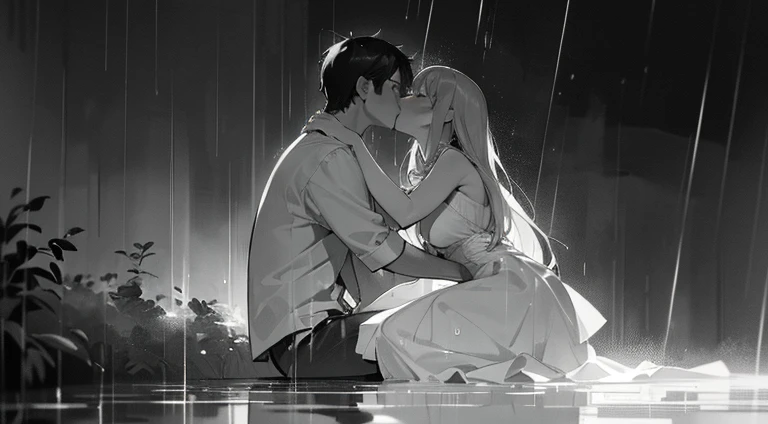 (big,a high resolution,art,Romantic),Detailed kiss between a man and a girl(Kissing in the rain,gentle,a passionate kiss),Strong love,pleasure,embrace,desire,(dark movie,Black and white),Soft lighting,emotional connection,Love story,gentle момент,Romantic atmosphere