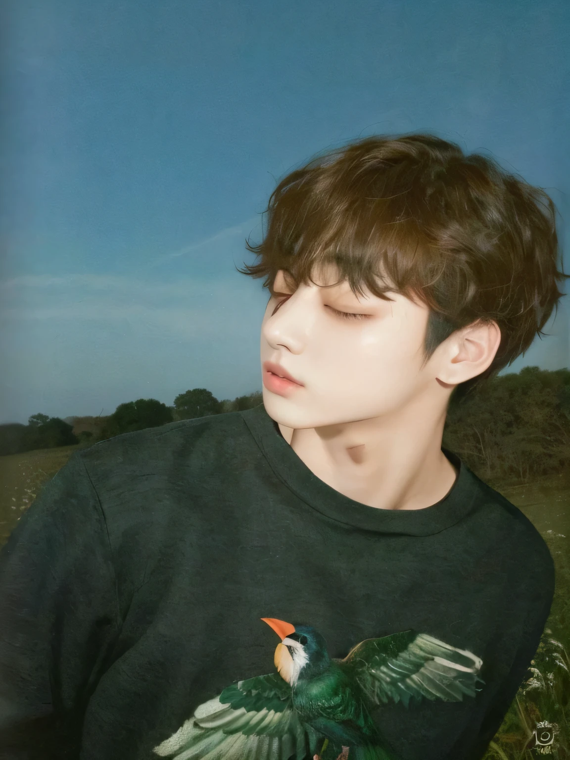 Arafed man with a bird on his shirt standing in a field, jungkook, hyung tae, kim taejin, jinyoung shin, cai xukun, Hong June Hyung, park Jimin, Spring day, con pelo corto, Jimin\los labios carnosos, Hyung Tae Kim, he has short curly brown hair, diez lee, pintar ulzzang, Shin Jeongho