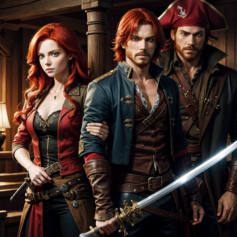 Redhead pirate woman captain with twin pirate man brother holding a sword