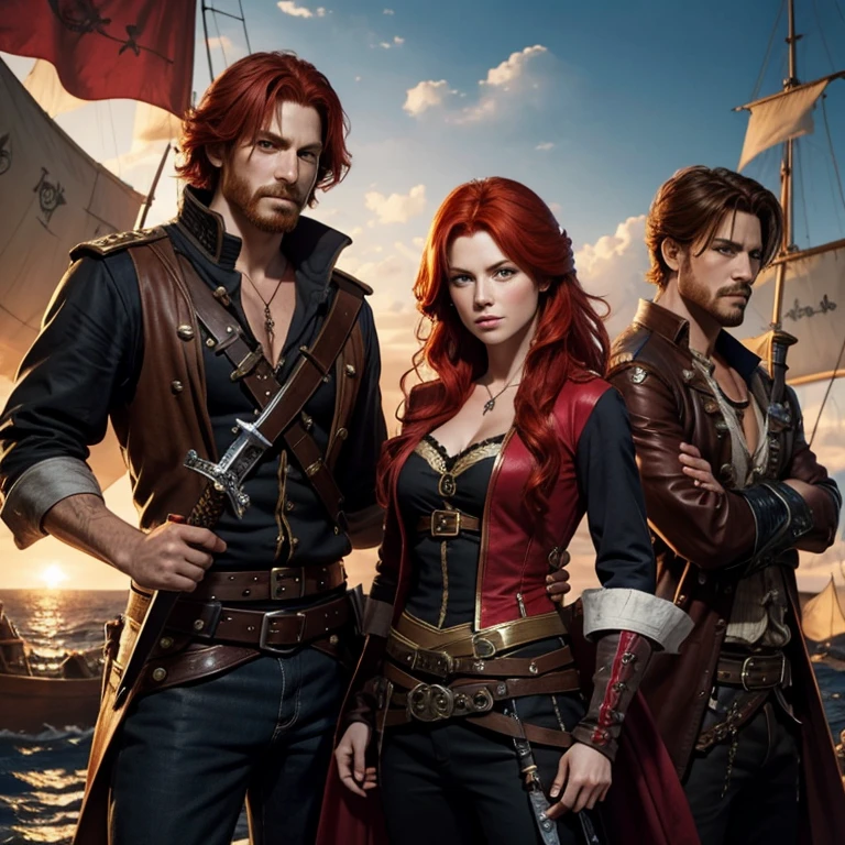 Redhead pirate woman captain with twin pirate man brother holding a sword