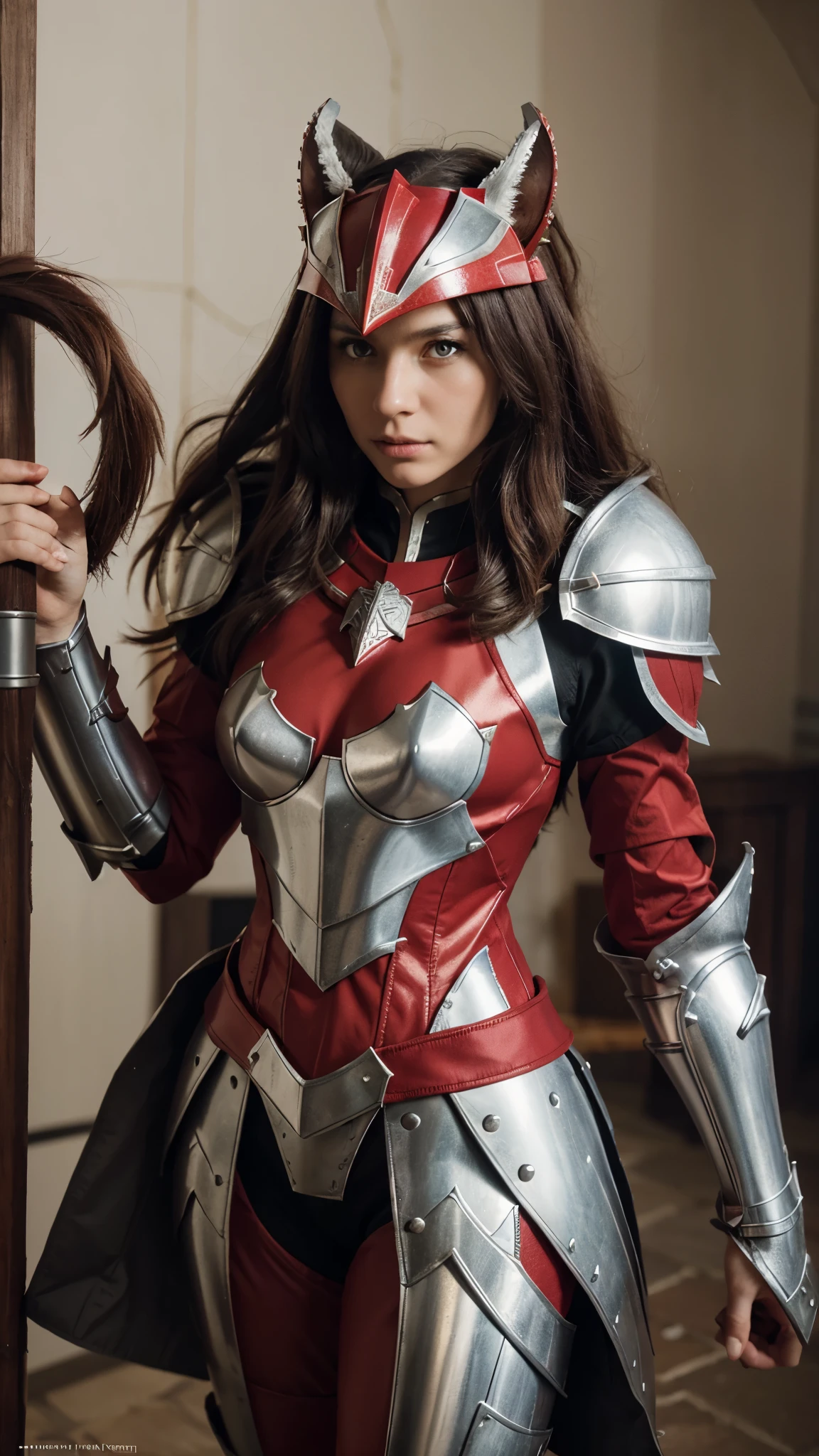 Formidable Knight wearing red and white Fenrir themed zodiac knight armor, a imagem deve mostrar o corpo inteiro do personagem, a red and white helmet with long strands of hair showing