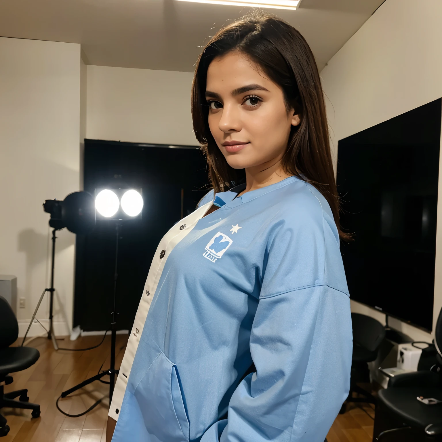 Mulher em studio de foto com roupa social 