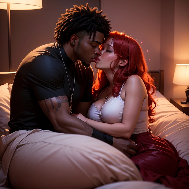A red-haired woman and a black man are in love in their bedroom, with the lights off while some neon lights illuminate them. Roses are scattered on the bed as they kiss passionately on Valentine's Day