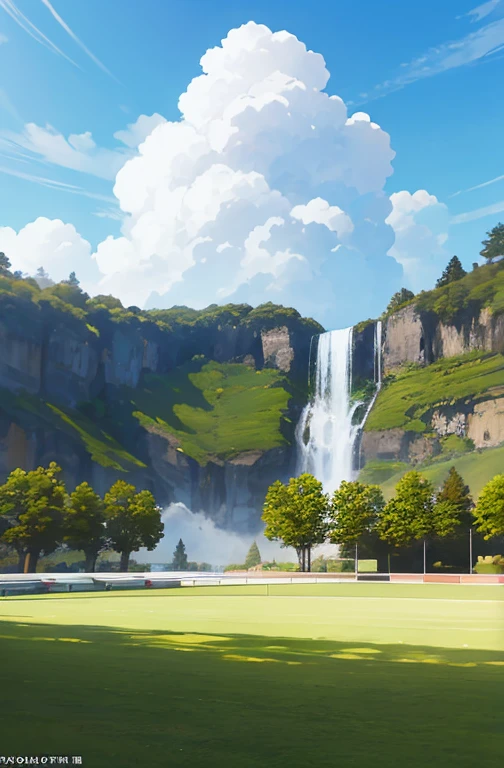anime scenery of a soccer field with a waterfall and a soccer ball, beautiful anime scenery, anime scenery, anime landscape wallpaper, anime landscape, anime countryside landscape, anime background art, amazing wallpaper, anime nature, anime background, detailed scenery —width 672, anime scenery concept art, beautiful anime scene, scenery wallpaper, anime nature wallpap, detailed scenery