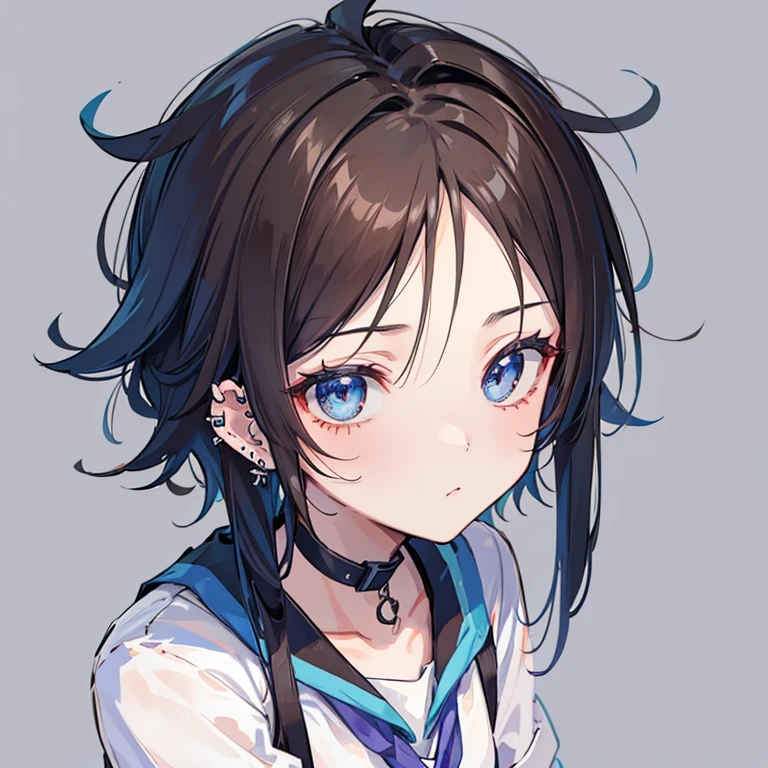 estilo anime, hombre joven adolescente, con pocas pecas, varios piercing en las orejas y un piercing en el labio inferior, messy hair style light brown color, ojos rasgados y color celestes con tonalidades azules, facciones masculinas pero nl tan pronunciadas,, fondo en un ambiente escolar y con un uniforme escolar masculino