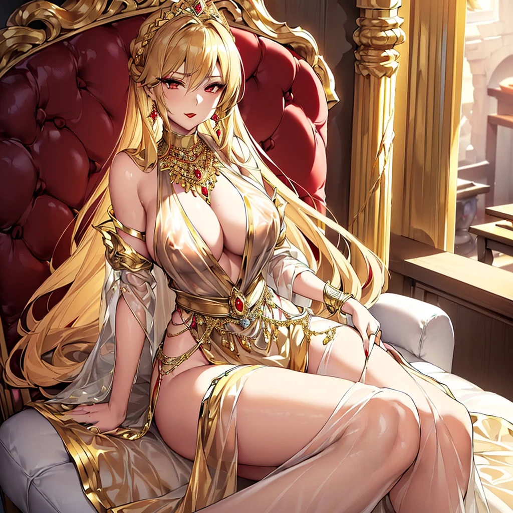 ((highest quality)), ((masterpiece)), (detailed), Perfect Face、（Yuuki Asuna）、(The woman has bright blonde hair)、((A man holds his three-year-old daughter in both hands.))、((Snuggle up close and personal in a large, luxurious chair, with your body pressed completely against the))、((The woman is wearing a long slit see-through dress with gorgeous gold embroidery, shiny gold boots, and gorgeous jewelry accessories such as jeweled earrings, necklaces, bracelets, and waist chains. She is also wearing a gold see-through skirt with an open front.、A beautiful golden see-through cape with a gorgeous headdress chain))、、Men and women with gorgeous engagement rings、((The woman is wearing heavy makeup, including bright red lipstick and dark eyeshadow.))、The man gently strokes the woman&#39;s head with one hand.、The man is dressed luxuriously、((The man has a strong body and a big dick and balls))、(Woman looks happy）、(((The man is not wearing lipstick or makeup.)))、The man looks satisfied、
