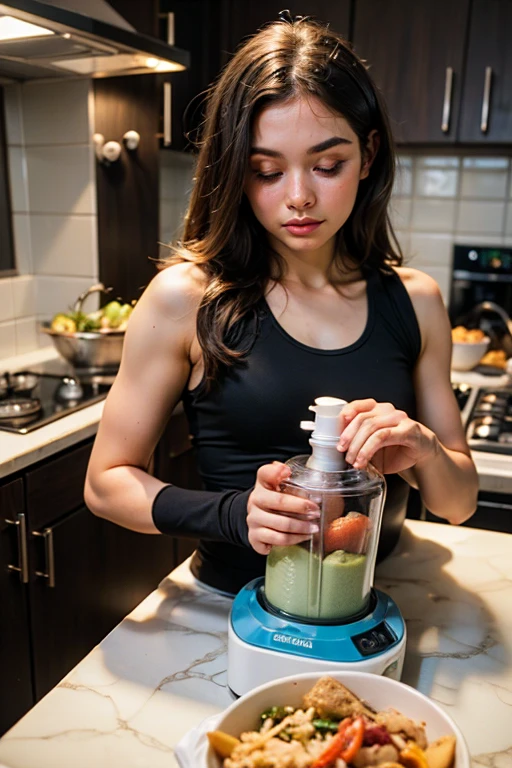 ((best quality)), ((masterpiece)), (detailed), perfect face Beautiful face perfect body gym outfit ,kitchen, promoting Smart Blender for Post-Workout, super deatiled holding Smart Blender