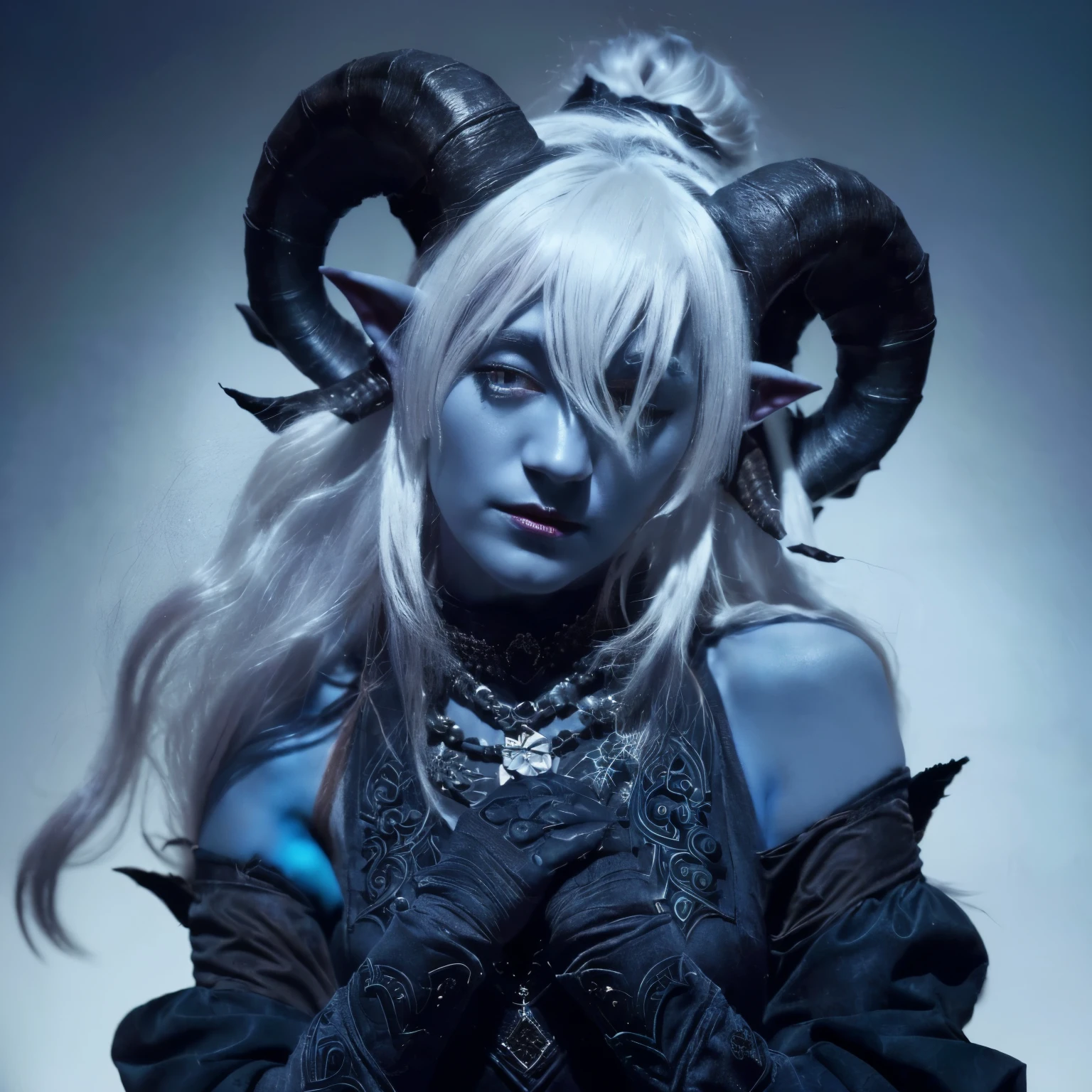 a close up of a person with a goat head and horns, blue tiefling, tiefling, drow, beautiful dark elf countess, tiefling from d & d, white horns queen demon, dnd portrait of a tiefling, blue-skinned elf, dark elf princess, perfect drow, dark elf, attractive tiefling druid, blue elf, realistic