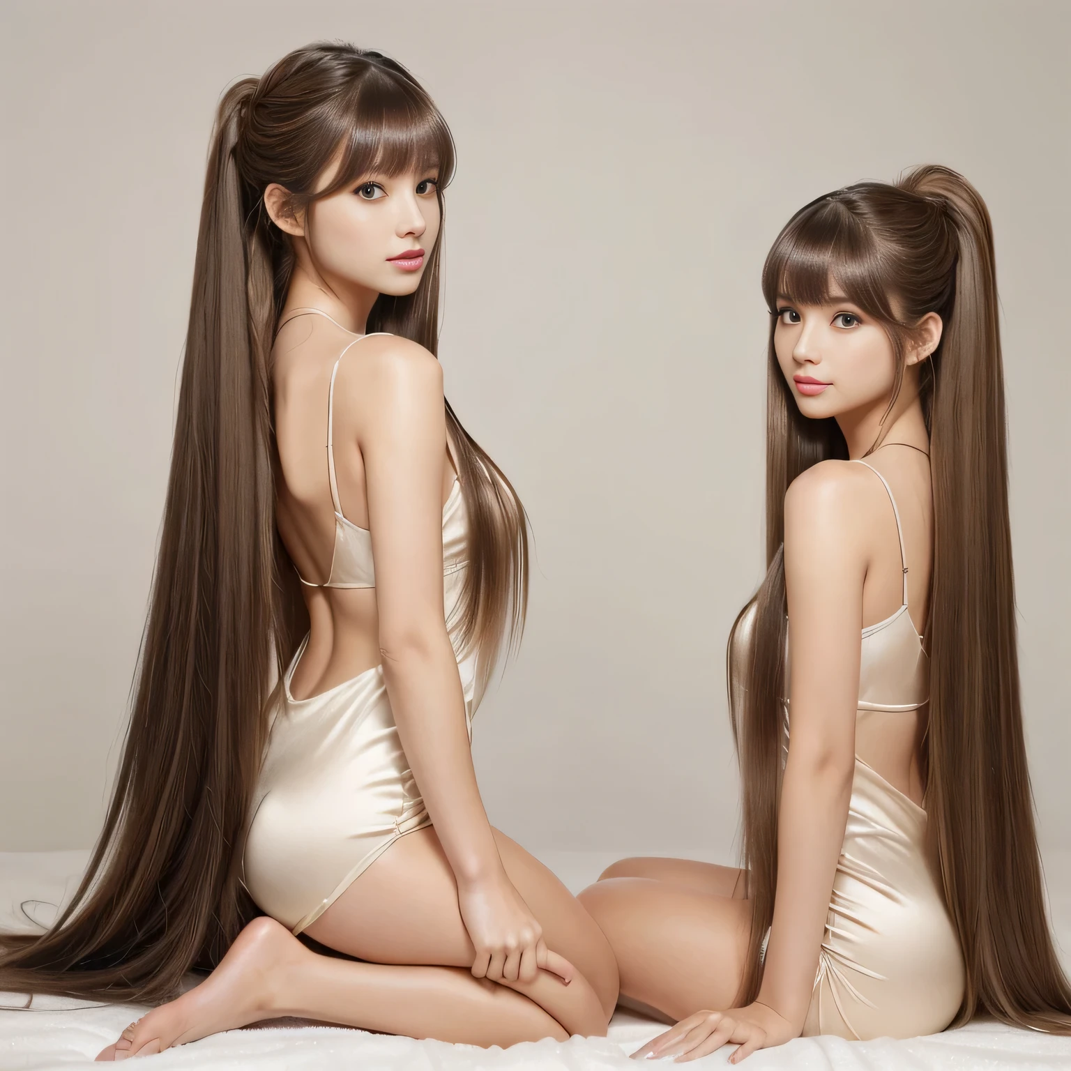 (A photo of two twins who look alike like claws　Two people standing side by side)　(Knee-length shot of a woman)　((Standing pose, Show as much of your back and hair as possible:1.4))　((Beautiful 24 year old hair model with long light brown hair　Dropped straight down　Reaches up to the kneeVery long hair　highest quality　Highest detail　Reaches up to the knee、Very long hair that lasts forever:1.3　Flowing Hair　私ncredibly straight hair　Very shiny そして thick hair　Abnormally long hair that lasts forever　Flowing Hair on both ends　long hair up to the knees:1.2　long hair up to the knees:1.2　Thick and shiny hair　Very free hair　Abnormally long hair!!!!!　Beautiful silky hair　　Beautiful and shiny hair　Beautiful and shiny hair　Beautiful silky hair　Hair that grows to the knees　Very very, Very long hair!!!!!　Very very, Very long hair!!!!!))　(highest quality　The best ultra-fine　Reaches up to the knee、Very long hair that lasts forever　Flowing Hair　Her hair is gently permed　Very shiny そして thick hair　Abnormally long hair that lasts forever　Flowing Hair on both ends　long hair up to the knees:1.2　long hair up to the knees:1.2　Thick and shiny hair　Very free hair　Abnormally long hair!!!!!　Beautiful silky hair　Super long hair down to the knees　Beautiful and shiny hair　Beautiful and shiny hair　Beautiful silky hair　Hair that grows to the knees　Very very, Very long hair!!!!!　Very very, Very long hair!!!!!))　(Her bangs are perfect.:1.3)　((Her hair color is light brown:1.5))　(Pure white wall background:1.8 Pure White Sofa)　(Japan&#39;The sexiest and most beautiful 24 year old model)　(She looks at the viewer with a very seductive expression.....)　((highest quality)), ((masterpiece)), (Familiar)　(Get used to it)　Perfect Face　(Her skin is a typical Japanese skin color..　And very detailed)　　(Big Breasts:1.3)　(She is wearing a shiny white camisole.)　(She has a beautiful face and a typical Japanese figure...., Narrow eyes)　(She has perfect 美しい and sexy makeup and face　Lipstick is light red　A solid eyeliner)　((Rich 1.4))　(Extremely detailed 8K)　(Ultra-fine skin texture 1.4)　(Actual, Vibrant:1.4), double eyelid　Sharp focus:1.2、Beautiful woman:1.4　Dynamic Lighting　(Genuine RAW photos taken by professional photographers)　　Professional Hair Shine.　(She has a bright and cheerful face)　(Her face is slim and dignified.., length, Narrow eyes..々Nice face)