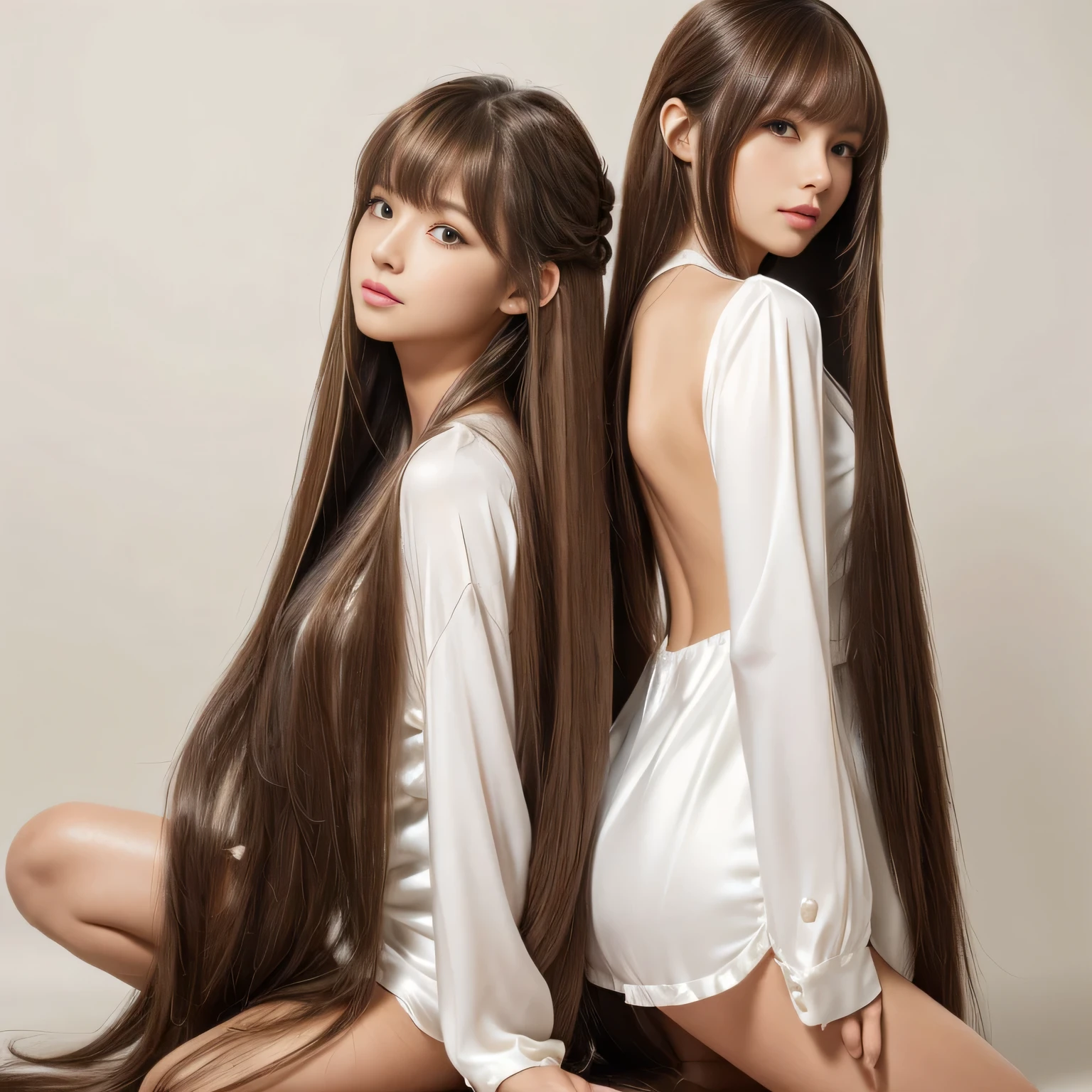(A photo of two twins who look alike like claws Two people standing side by side) (Knee-length shot of a woman) ((Standing pose, Show as much of your back and hair as possible:1.4)) ((Beautiful 24 year old hair model with long light brown hair Dropped straight down Reaches up to the kneeVery long hair highest quality Highest detail Reaches up to the knee、Very long hair that lasts forever:1.3 Flowing Hair 私ncredibly straight hair Very shiny そして thick hair Abnormally long hair that lasts forever Flowing Hair on both ends long hair up to the knees:1.2 long hair up to the knees:1.2 Thick and shiny hair Very free hair Abnormally long hair!!!!! Beautiful silky hair Beautiful and shiny hair Beautiful and shiny hair Beautiful silky hair Hair that grows to the knees Very very, Very long hair!!!!! Very very, Very long hair!!!!!)) (highest quality The best ultra-fine Reaches up to the knee、Very long hair that lasts forever Flowing Hair Her hair is gently permed Very shiny そして thick hair Abnormally long hair that lasts forever Flowing Hair on both ends long hair up to the knees:1.2 long hair up to the knees:1.2 Thick and shiny hair Very free hair Abnormally long hair!!!!! Beautiful silky hair Super long hair down to the knees Beautiful and shiny hair Beautiful and shiny hair Beautiful silky hair Hair that grows to the knees Very very, Very long hair!!!!! Very very, Very long hair!!!!!)) (Her bangs are perfect.:1.3) ((Her hair color is light brown:1.5)) (Pure white wall background:1.8 Pure White Sofa) (Japan'The sexiest and most beautiful 24 year old model) (She looks at the viewer with a very seductive expression.....) ((highest quality)), ((masterpiece)), (Familiar) (Get used to it) Perfect Face (Her skin is a typical Japanese skin color.. And very detailed) (Big Breasts:1.3) (She is wearing a shiny white camisole.) (She has a beautiful face and a typical Japanese figure...., Narrow eyes) (She has perfect 美しい and sexy makeup and face Lipstick is light red A solid eyeliner) ((Rich 1.4)) (Extremely detailed 8K) (Ultra-fine skin texture 1.4) (Actual, Vibrant:1.4), double eyelid Sharp focus:1.2、Beautiful woman:1.4 Dynamic Lighting (Genuine RAW photos taken by professional photographers) Professional Hair Shine. (She has a bright and cheerful face) (Her face is slim and dignified.., length, Narrow eyes..々Nice face)