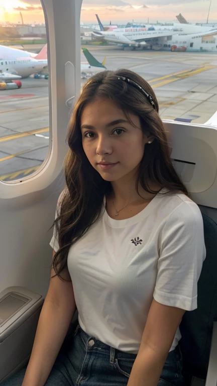 xoaeriel, a beautiful woman with wavy brown hair, ojos azules, nariz redonda, vistiendo una camiseta blanca,jeans negros,una diadema negra,hiperealista,there is a bed with a tray on a plane, al amanecer, dentro del avion, morning dawn, con fondo de luz natural, Airplane view, vista del atardecer, morning glow, Iluminado en una luz del amanecer, ambiente nocturno, airplane window view, Ambient lighting from above, Atardecer Amanecer, ventana abierta, cinematic morning light, atardecer, Amanecer matutino, muy comodo],small window,sentada en el asiento del avion,mirando asia la ventana