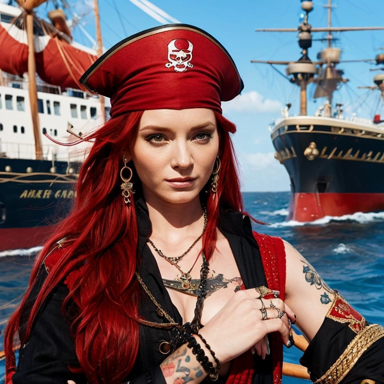 Red-haired female pirate captain with tattoos on her arms and calm face dictating orders to the ship&#39;s crew