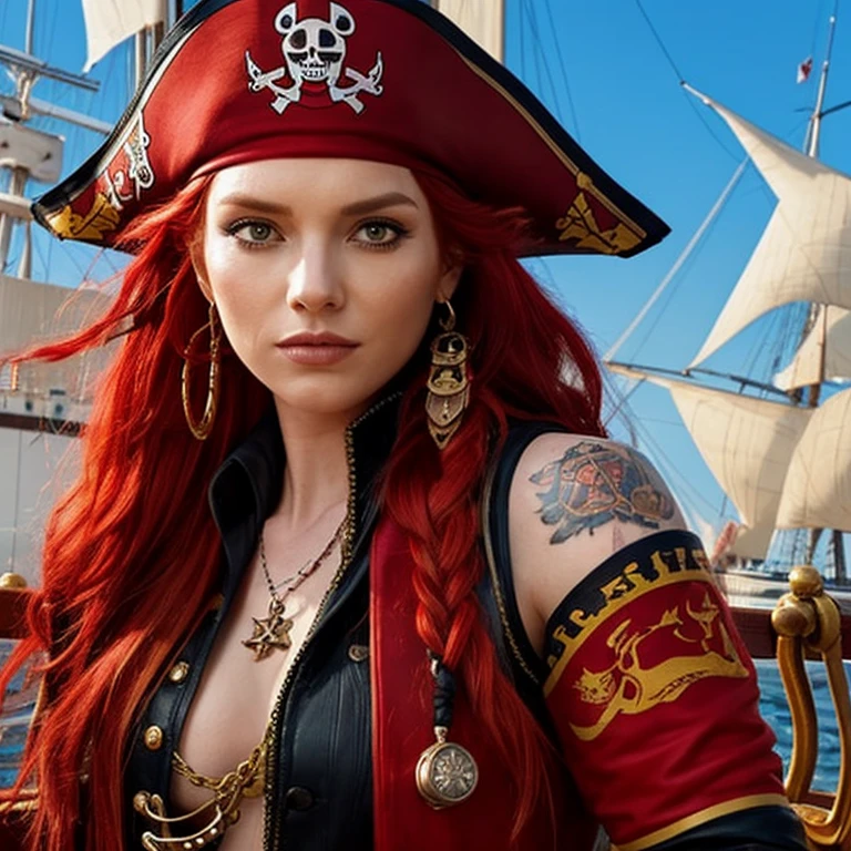 Red-haired female pirate captain with tattoos on her arms and calm face dictating orders to the ship's crew