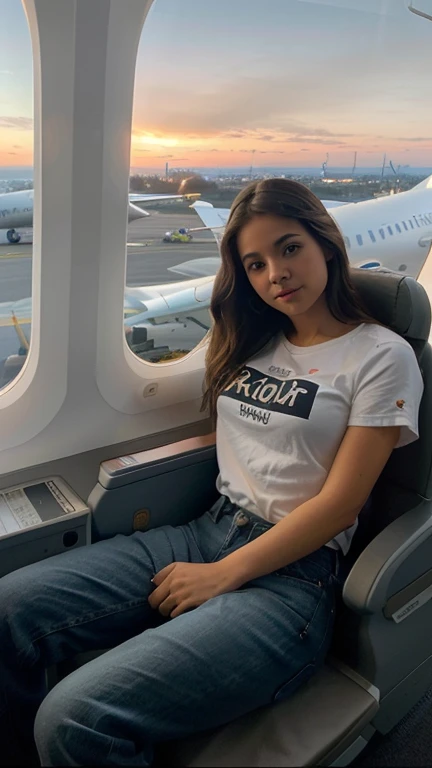 xoaeriel, a beautiful woman with wavy brown hair, ojos azules, nariz redonda, vistiendo una camiseta blanca,jeans negros,una diadema negra,hiperealista,there is a bed with a tray on a plane, al amanecer, dentro del avion, morning dawn, con fondo de luz natural, Airplane view, vista del atardecer, morning glow, Iluminado en una luz del amanecer, ambiente nocturno, airplane window view, Ambient lighting from above, Atardecer Amanecer, ventana abierta, cinematic morning light, atardecer, Amanecer matutino, muy comodo],((small window)),sentada en el asiento del avion