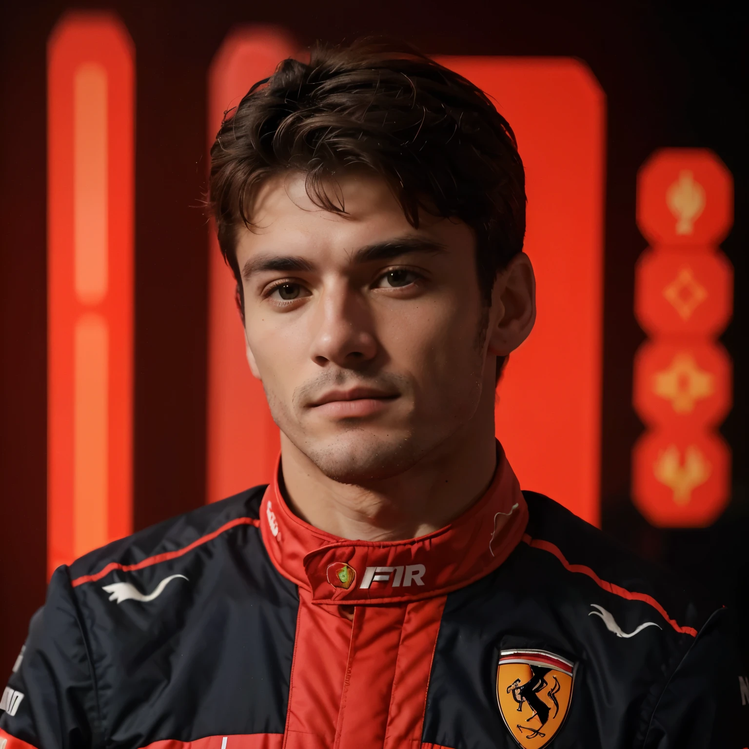 un primer plano de un hombre con una chaqueta roja y negra, Piloto de F1 Charles Leclerc, f 1, kimi vera, ferrari, inspired by Alonso Vázquez, diego fernandez, ferrari logo on it's chest, inspirado en Francesco Filippini, raphael personnaz, lorenzo vitturi, inspirado en Bernardo Cavallino, contraction transmitter / jugador ludwig