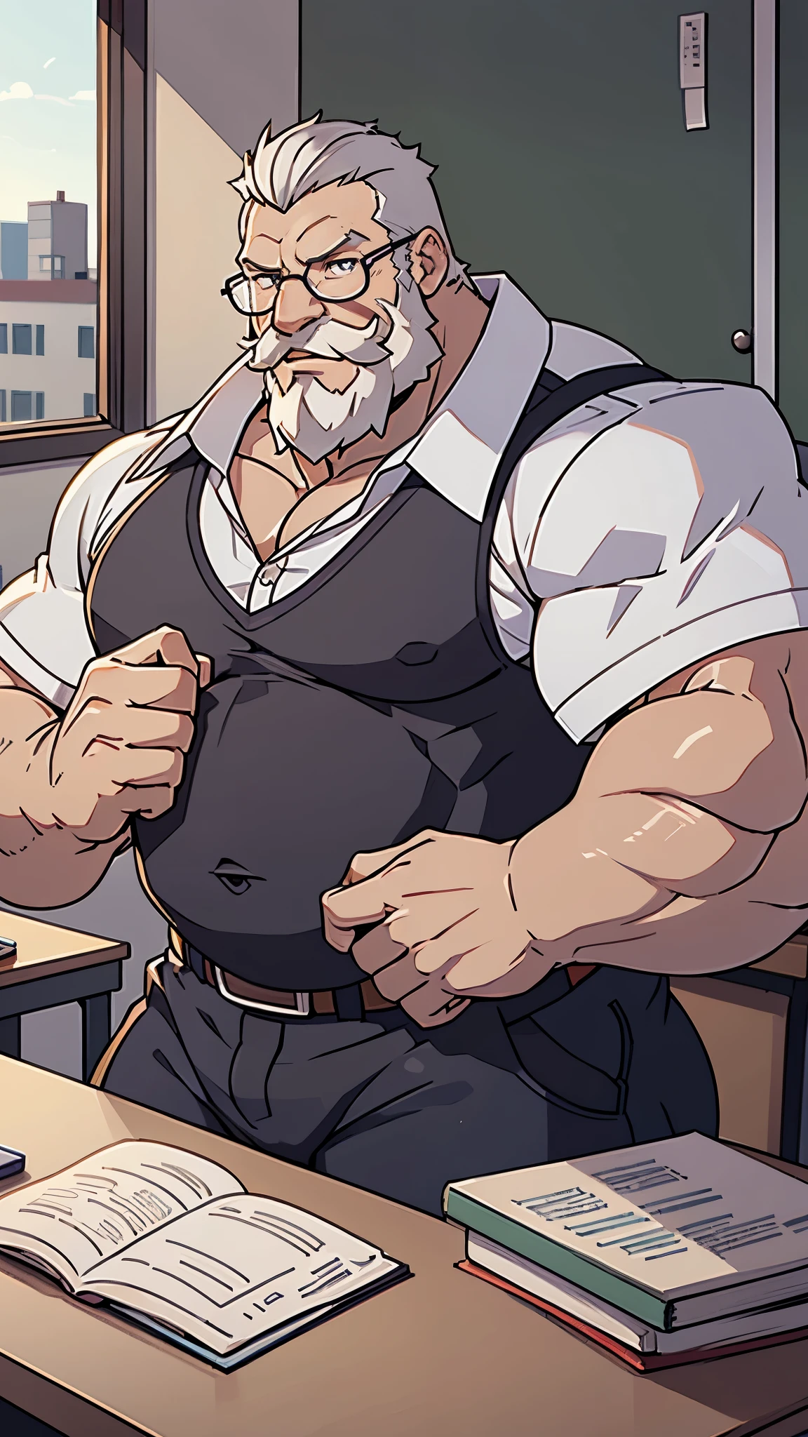 Huge Muscular Old man wearing shirt and glasses as teacher in class, bearded, mustache, short white hair, halfbody, looking to viewer, masterpiece, high detailed, 8k, high resolution