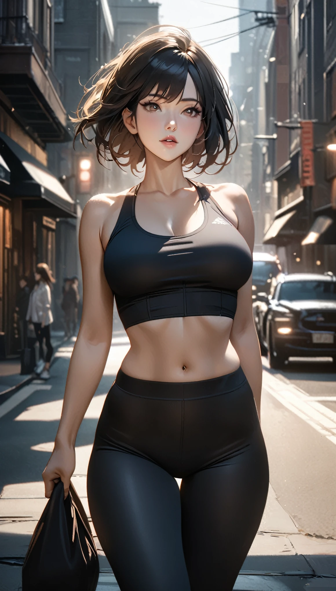 (Masterpiece, highest quality, 4k, realistic,) (beautiful korean woman), short hair, black hair, large breasts, crop top blouse, long sleeves, yoga pants, holding coffee, walking down street, cinematic lighting, city background, daytime