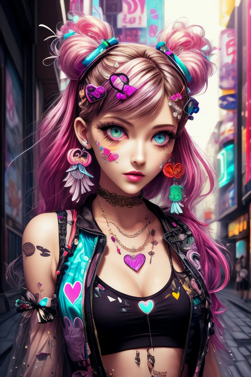 This is a Harajuku street-style masterpiece with extreme detail. Generate a trendy ((decora)) cyberpunk woman (standing) in the colorful and chaotic streets of Akihabara, Tokyo in the style of decora street style. The woman's decora and Harajuku street clothes are vibrant, with a mix of textures, neon colors, and inventive layering. Include oversized accessories like cute heart stickers on the woman's face, colorful hair clips and ribbons in different colors and sizes, and dynamic jewelry. (Her eyes are important) and should be symmetrical and detailed with interesting coloring and patterns. Include (iridescence) and (shimmer), glittering light, glowing neon signs, LED lights, (ultra detailed), dynamic composition