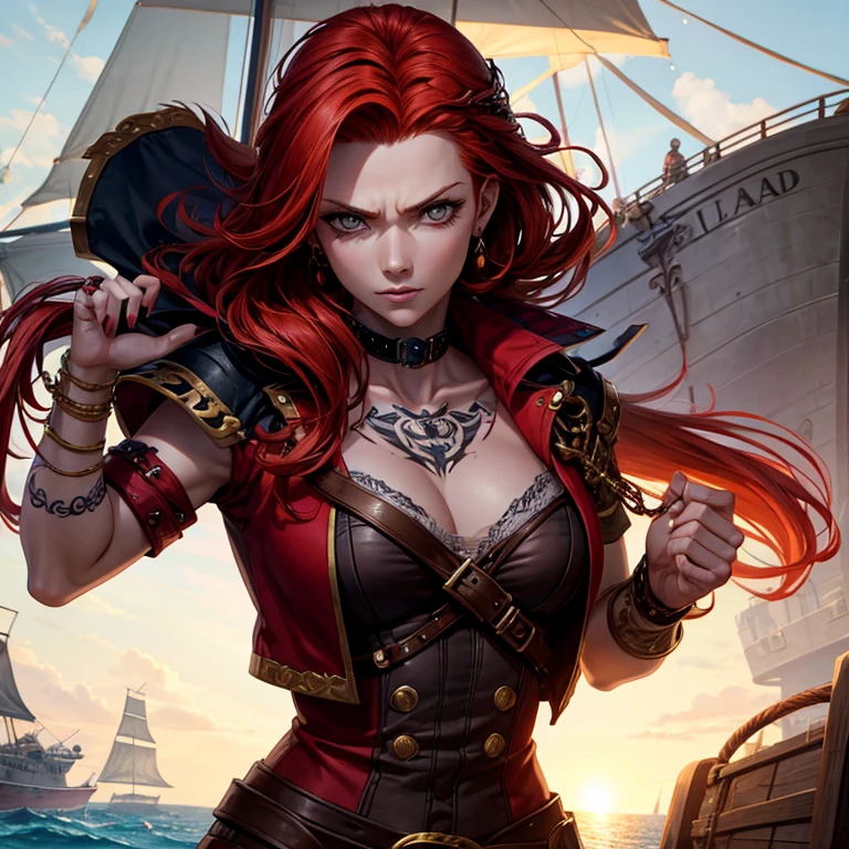 Redhead female pirate captain with tattoos on her arms and calm face dictating orders to the ship's crew without sexy clothes