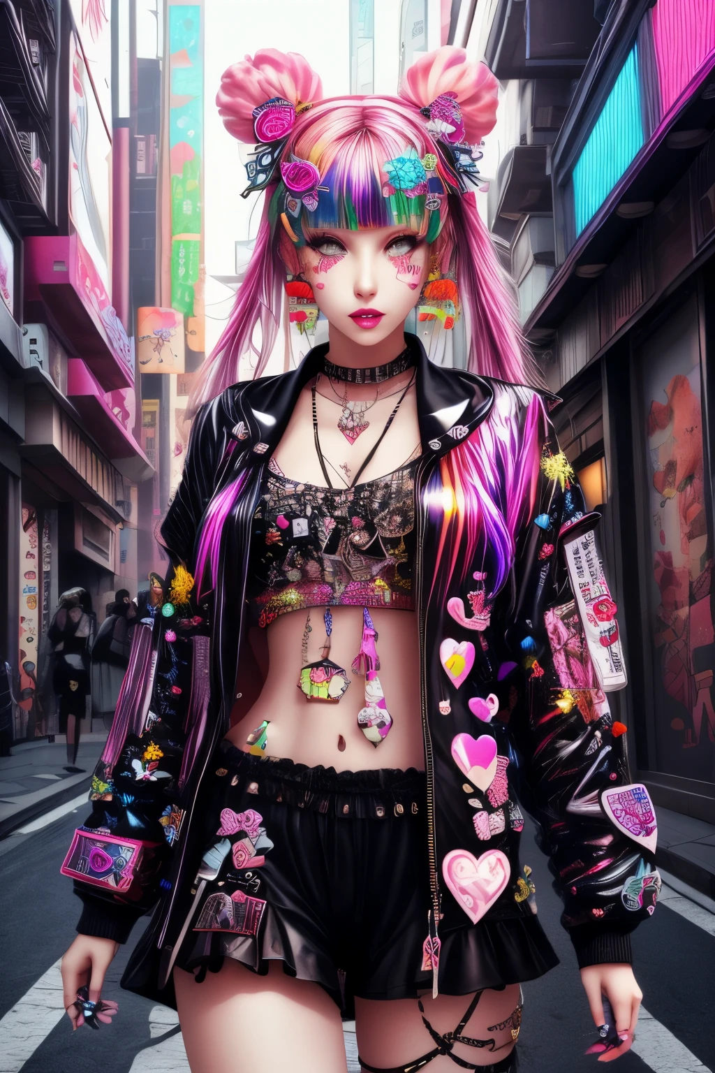 This is a Harajuku street-style masterpiece with extreme detail. Generate a trendy ((decora)) cyberpunk woman (standing) in the colorful and chaotic streets of Akihabara, Tokyo in the style of decora street style. The woman's decora and Harajuku street clothes are vibrant, with a mix of textures, neon colors, and inventive layering. Include oversized accessories like cute heart stickers on the woman's face, colorful hair clips and ribbons in different colors and sizes, and dynamic jewelry. (Her eyes are important) and should be symmetrical and detailed with interesting coloring and patterns. Include (iridescence) and (shimmer), glittering light, glowing neon signs, LED lights, (ultra detailed), dynamic composition