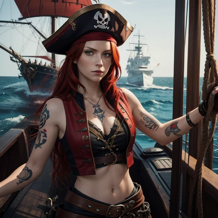 Redhead female pirate captain with tattoos on her arms and calm face dictating orders to the ship&#39;s crew without sexy clothes 